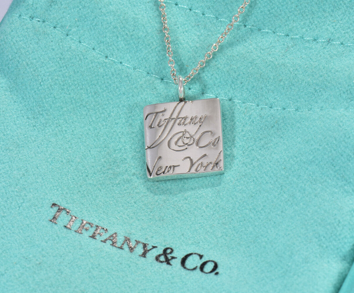 18.25" Tiffany & Co Silver NY Notes Square Wavy Pendant Necklace in Pouch Rare