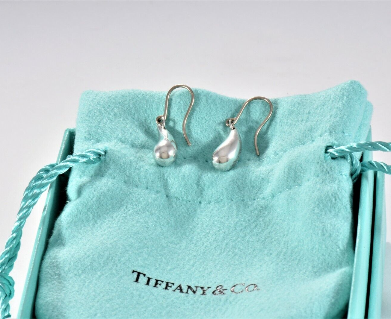 Tiffany & Co Silver Elsa Peretti Dangling Teardrop Hook Earrings in Box Pouch