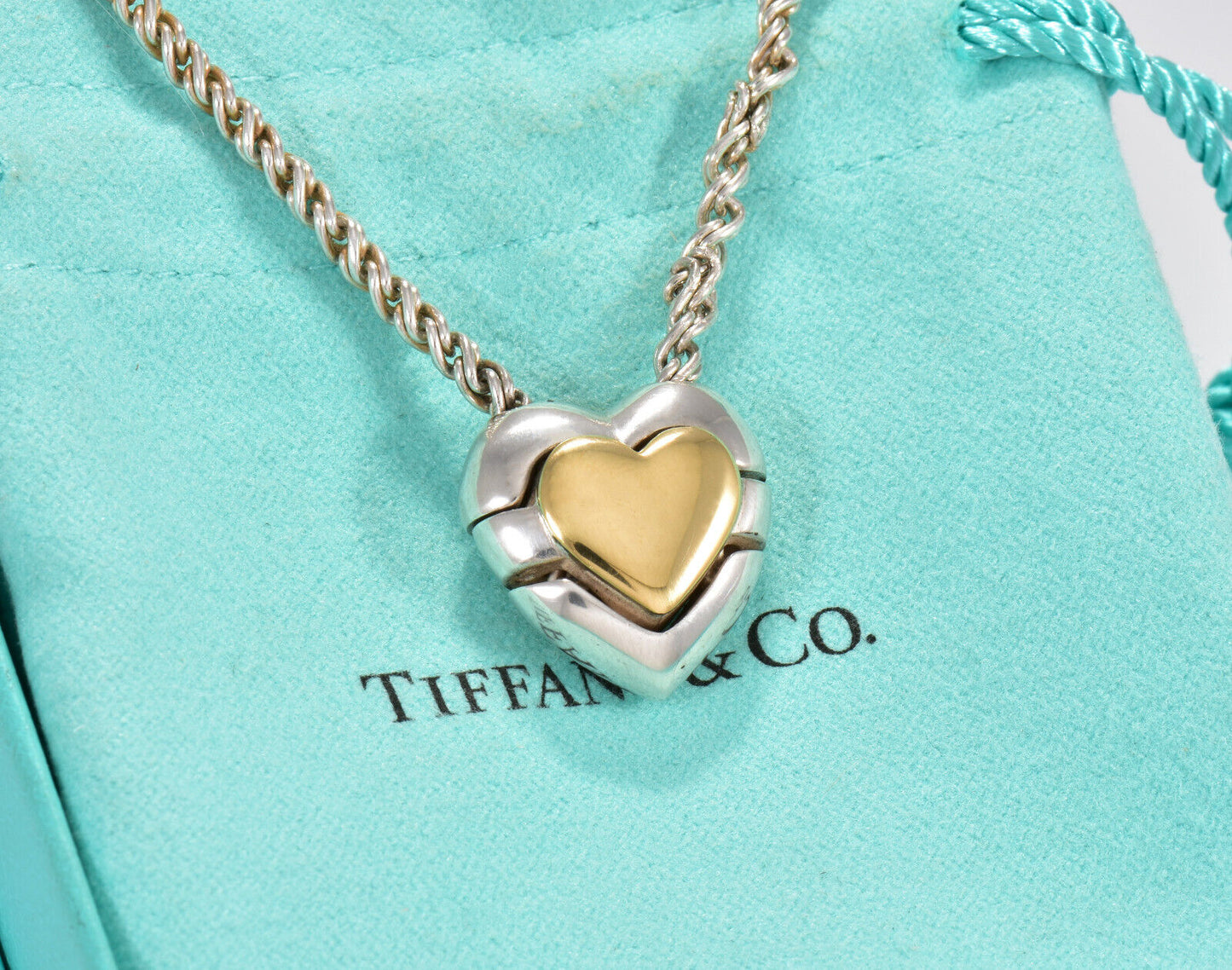 Vintage Tiffany & Co Italy Gold Silver Heart Puzzle Pendant Necklace Rare Rope