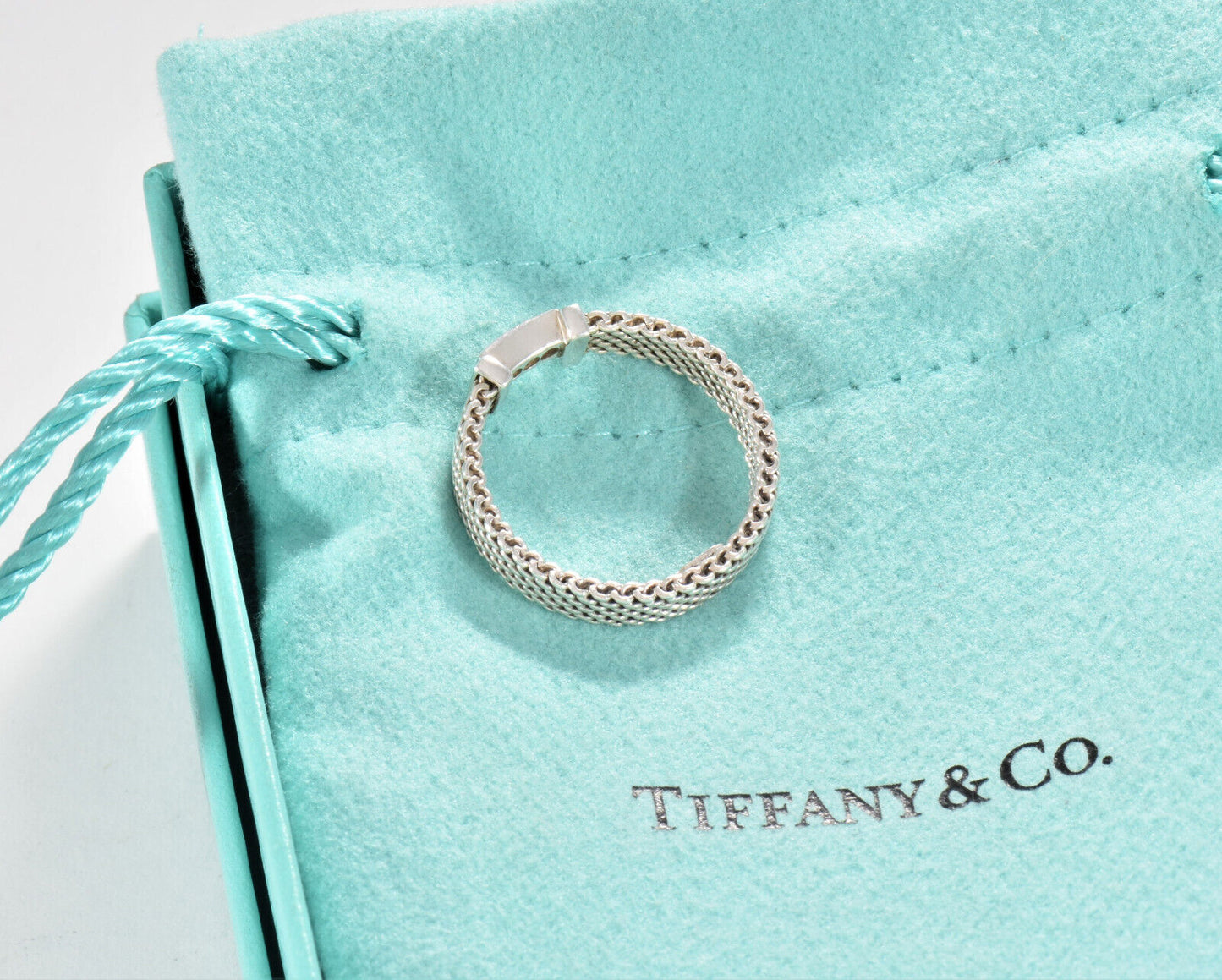 Size 6 Tiffany & Co 3 Diamond Silver Somerset Mesh Narrow Band Ring in Box Pouch