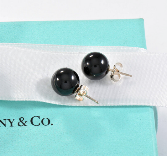 Tiffany & Co Sterling Silver Black Onyx 10mm Bead Ball Stud Earrings in Box Rare