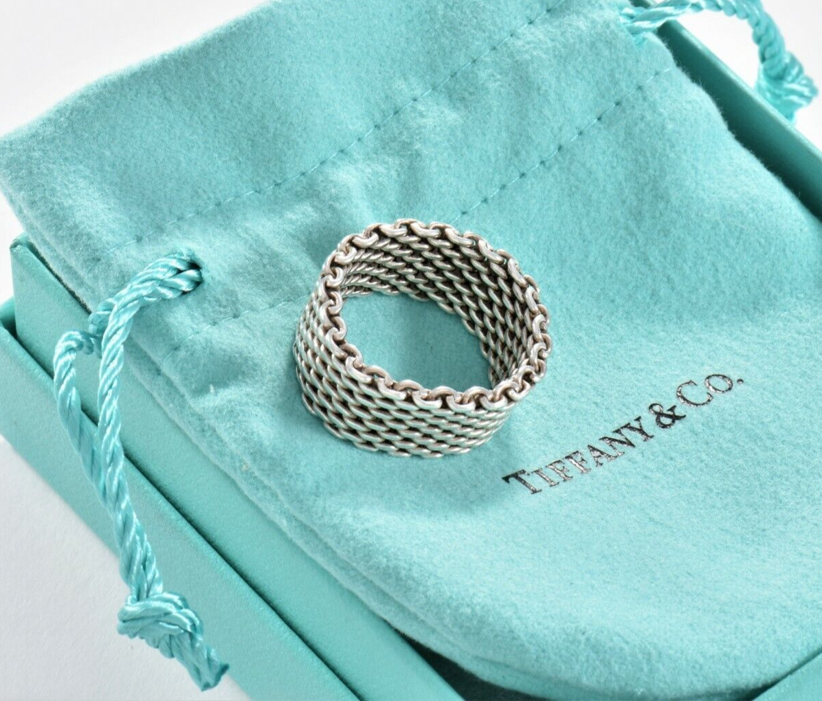 Size 10 Tiffany & Co Somerset Sterling Silver Mesh Ring in Pouch Lovely Rare