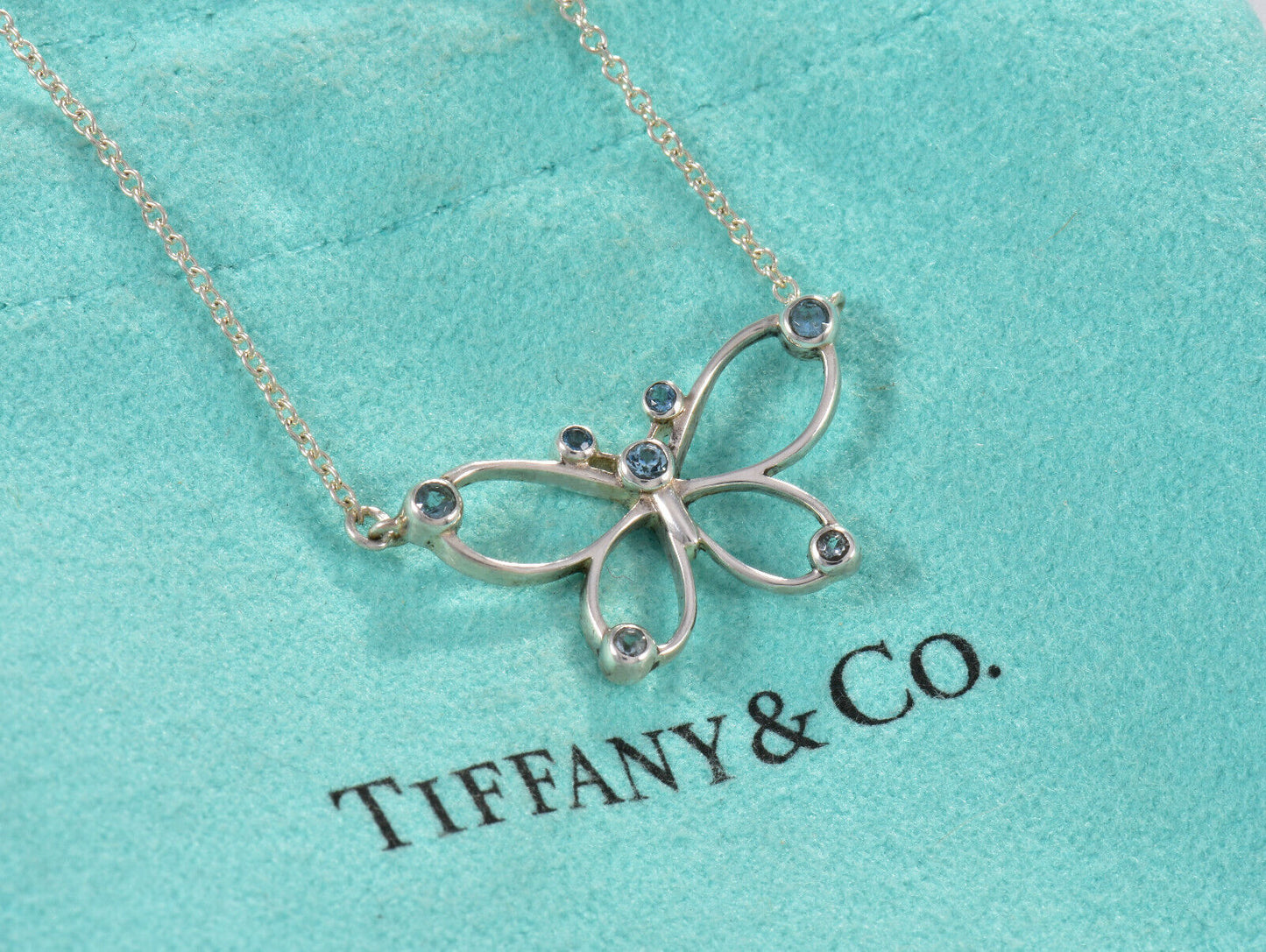 Tiffany & Co Silver Blue Sapphire Butterfly Pendant 16.25" Necklace in Box Pouch