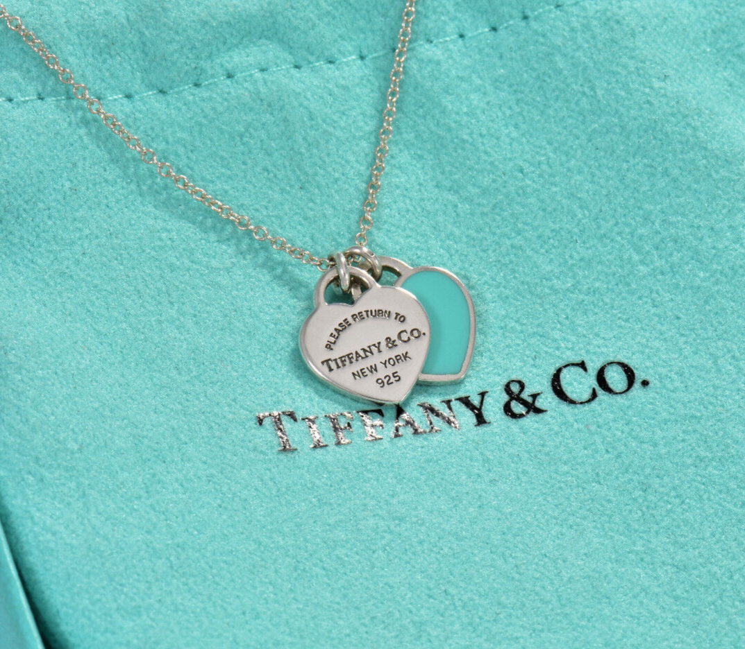 18.5" Please Return Tiffany & Co Silver Mini Double Heart Blue Enamel Necklace