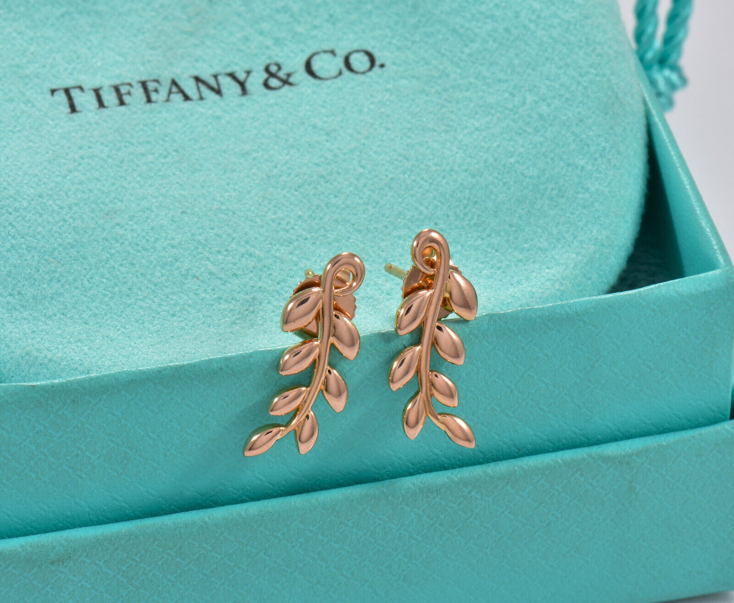 Tiffany & Co 18K Rose Gold Paloma Picasso Olive Leaf Climber Earrings in Box