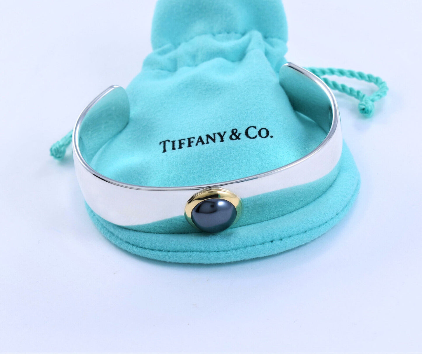 Vintage Tiffany & Co 18K Gold Silver Hematite Cuff Bracelet in Box Pouch Ribbon