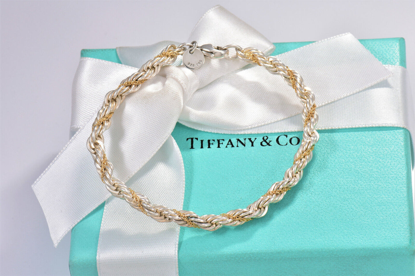 Vintage Tiffany & Co Silver 18K Yellow Gold Rope Chain 7.25" Bracelet in Pouch