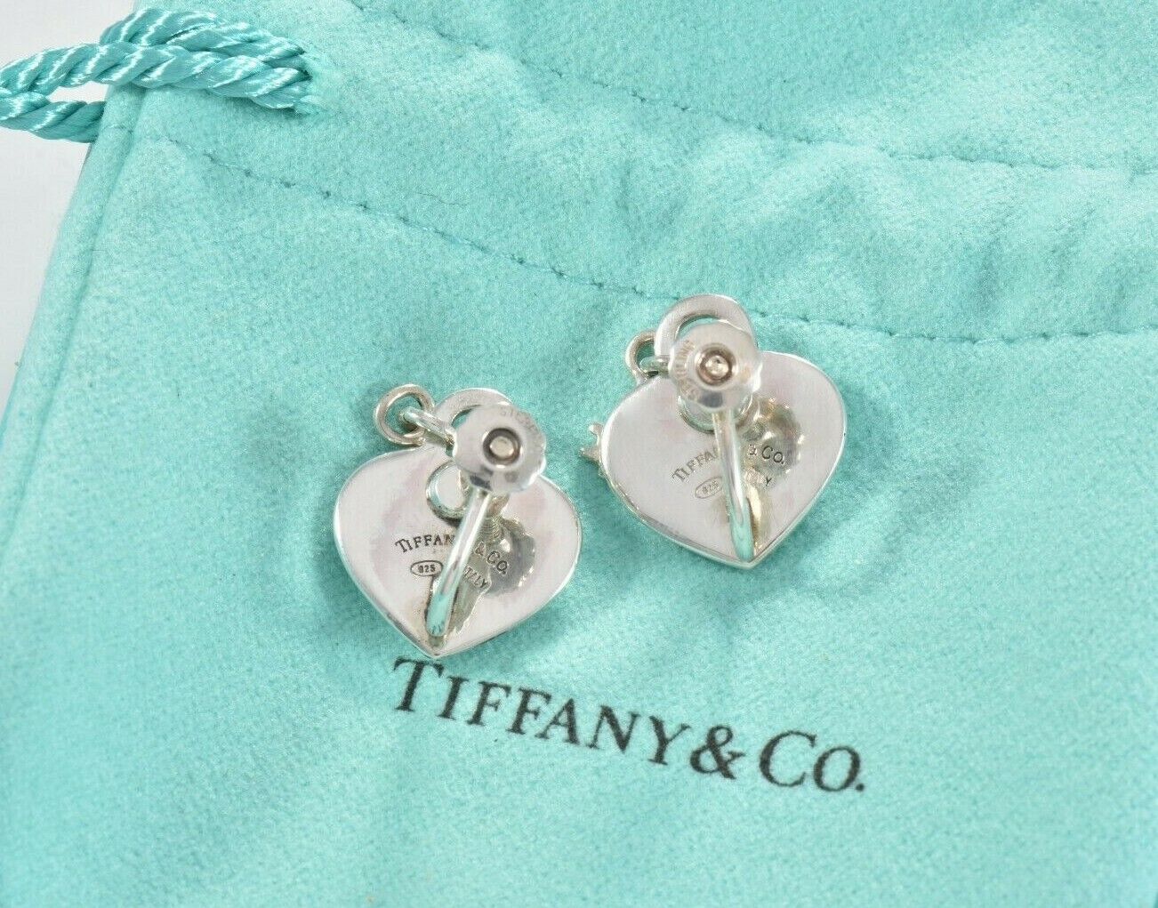 Vintage Tiffany & Co Italy Sterling Silver Heart Lock Key Earrings in Pouch Rare