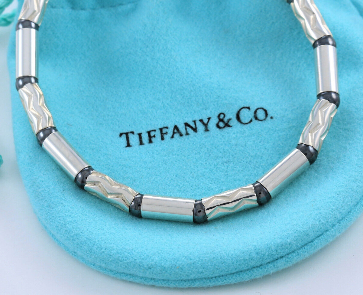 7.75" Tiffany & Co Silver Hematite Aztec Bead Link Bracelet in Pouch Rare Men's