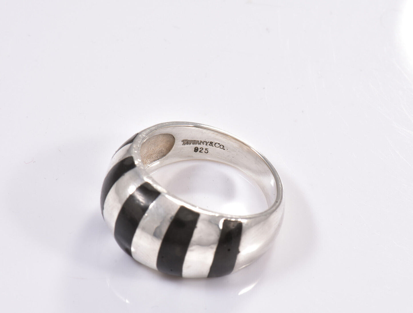 Size 7 Tiffany & Co Silver Black Enamel Stripe Dome Ring Wide Band Rare Thick