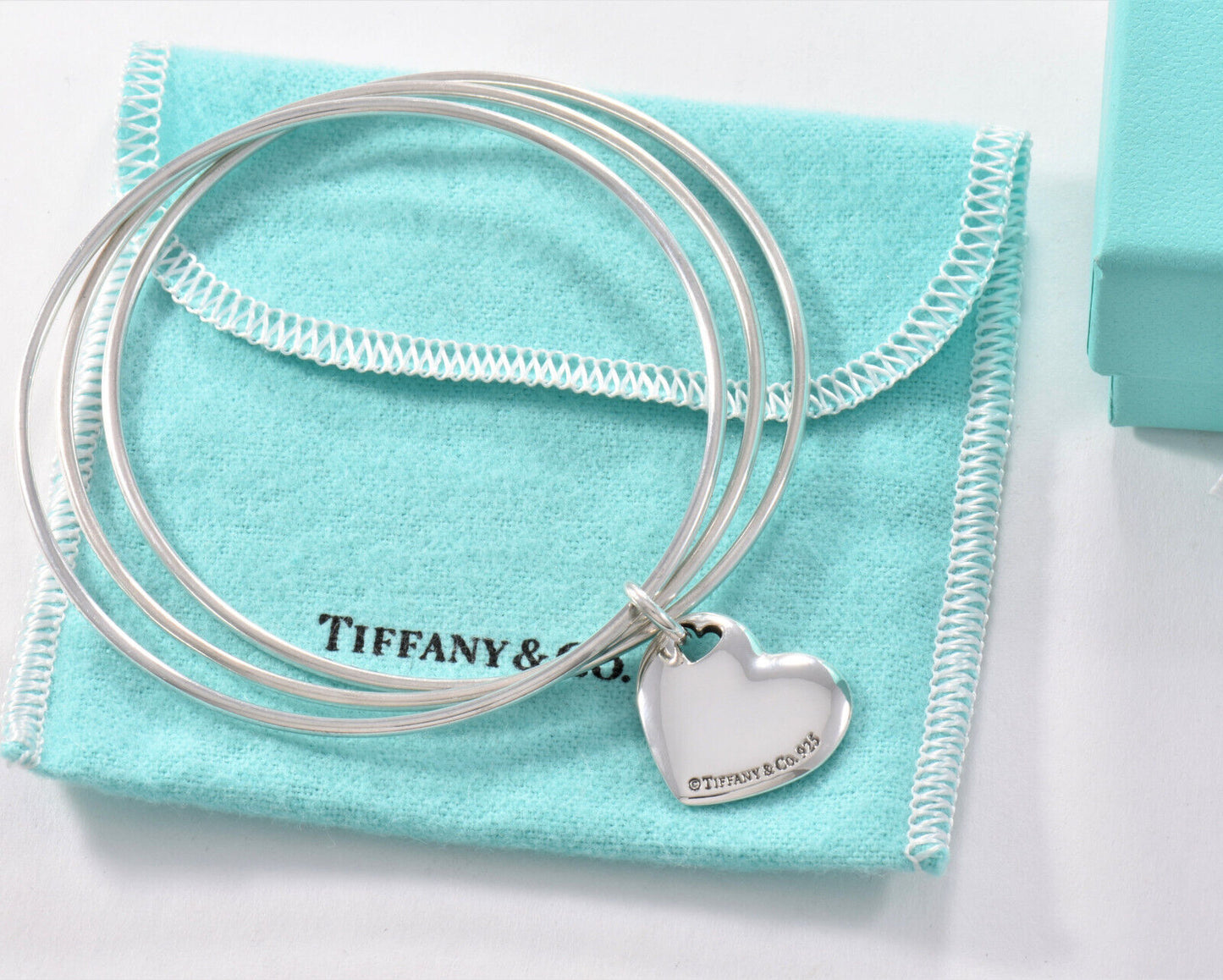 7.75" Boxed Tiffany & Co Silver Heart Stencil Charm Bracelet Wire Bangle Large