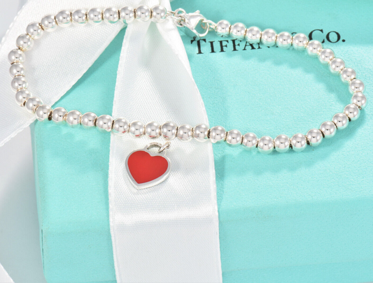 7" Please Return To Tiffany & Co Silver Red Enamel Heart Charm Bead Bracelet Box