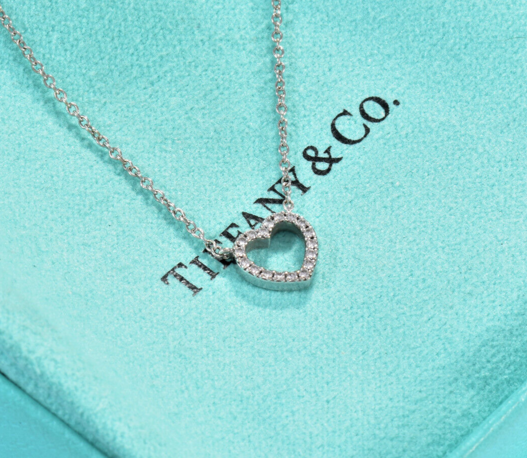 Tiffany & Co Diamond 18K White Gold Metro Heart Pendant 16.5" Necklace in Box