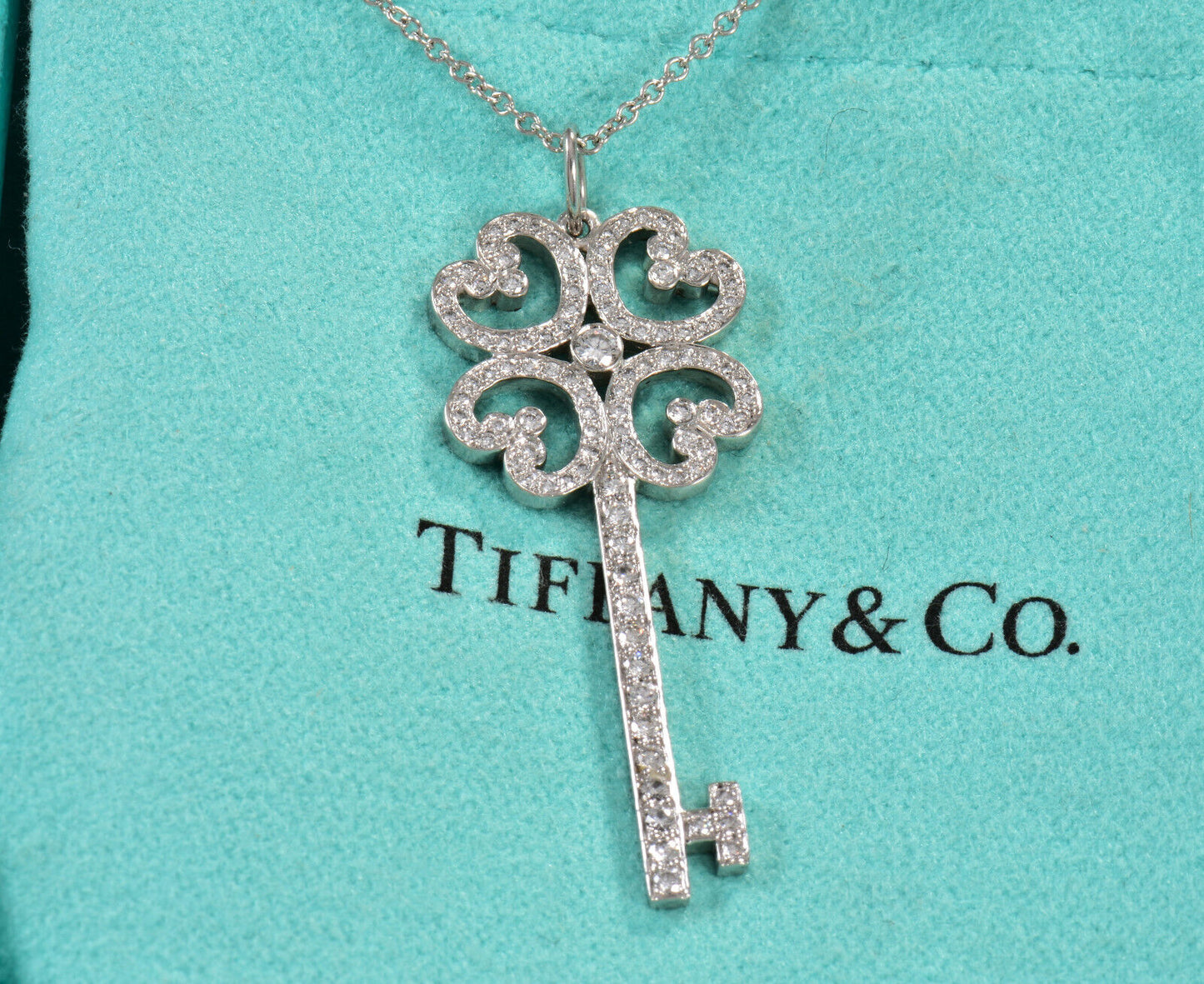 Tiffany & Co Diamond Platinum 35mm Quatra Heart Key Pendant 16" Necklace in Box