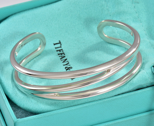 7.25" Tiffany & Co Silver Diagonal Open Weave Cuff Love Bracelet in Pouch