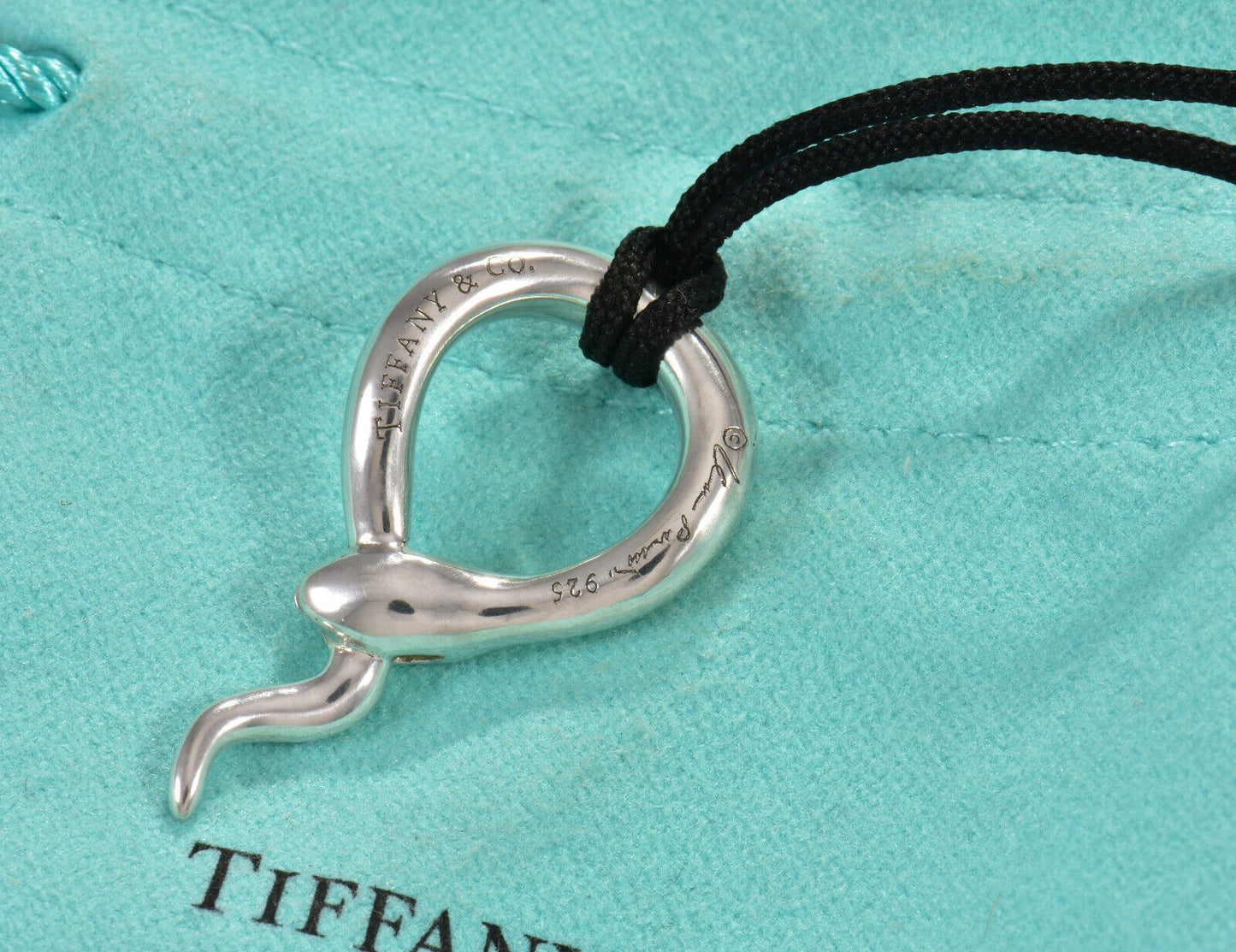 20.5" Tiffany & Co Silver Elsa Peretti Snake Pendant Silk Necklace in Pouch Rare