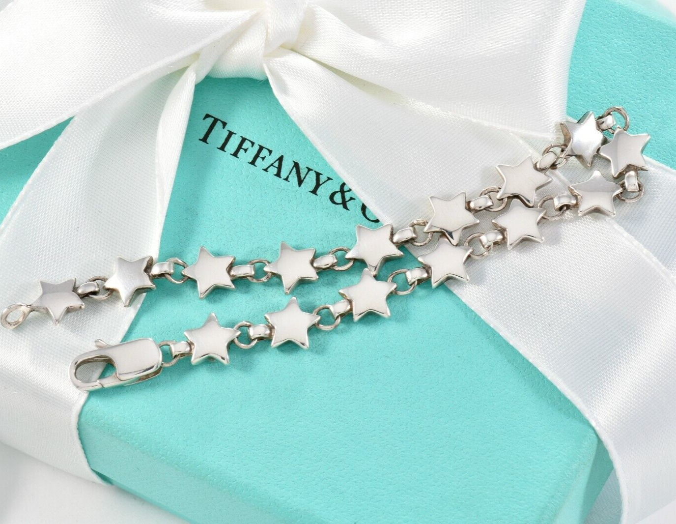 7.65 Vintage Tiffany & Co Sterling Silver Star Chain Link Bracelet in Pouch Rare