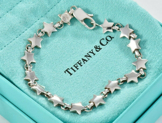 Vintage Tiffany & Co Sterling Silver Star Chain Link Bracelet with Pouch Rare