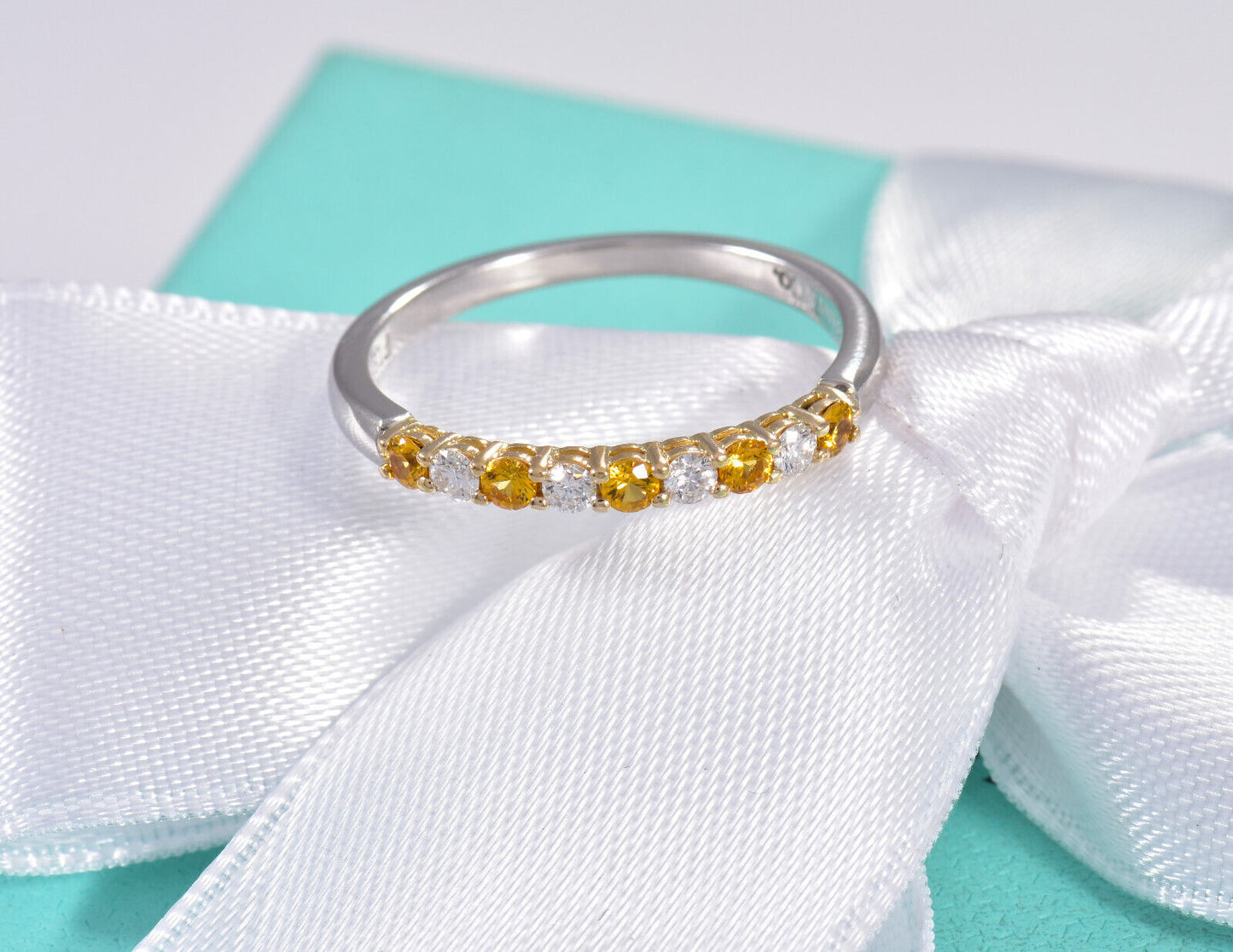 Tiffany & Co Diamond Gold Yellow Sapphire Platinum Band Size 7 Ring in Box Pouch