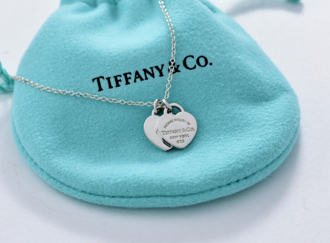 Return To Tiffany & Co Silver Mini Double Heart Pendant 16.25" Necklace in Pouch