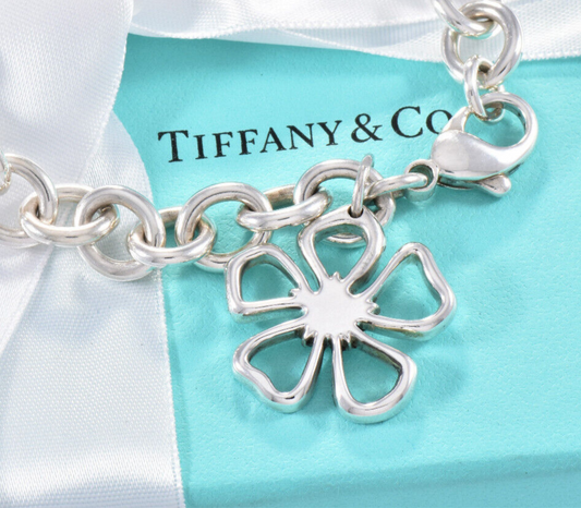 7.5" Tiffany & Co Silver Hibiscus Flower Charm Chain Link Bracelet in Box Pouch