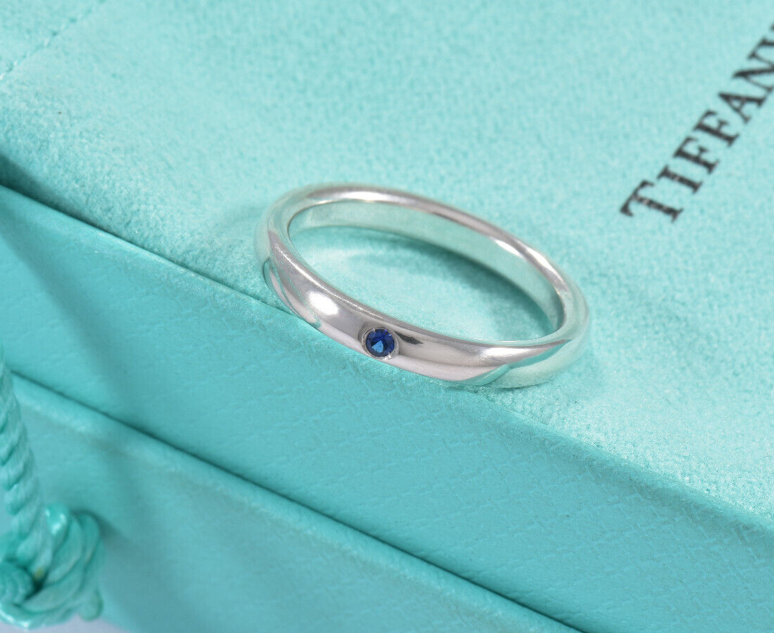 Size 12.5 Tiffany & Co Silver Elsa Peretti Blue Sapphire Stack Ring & Pouch Rare