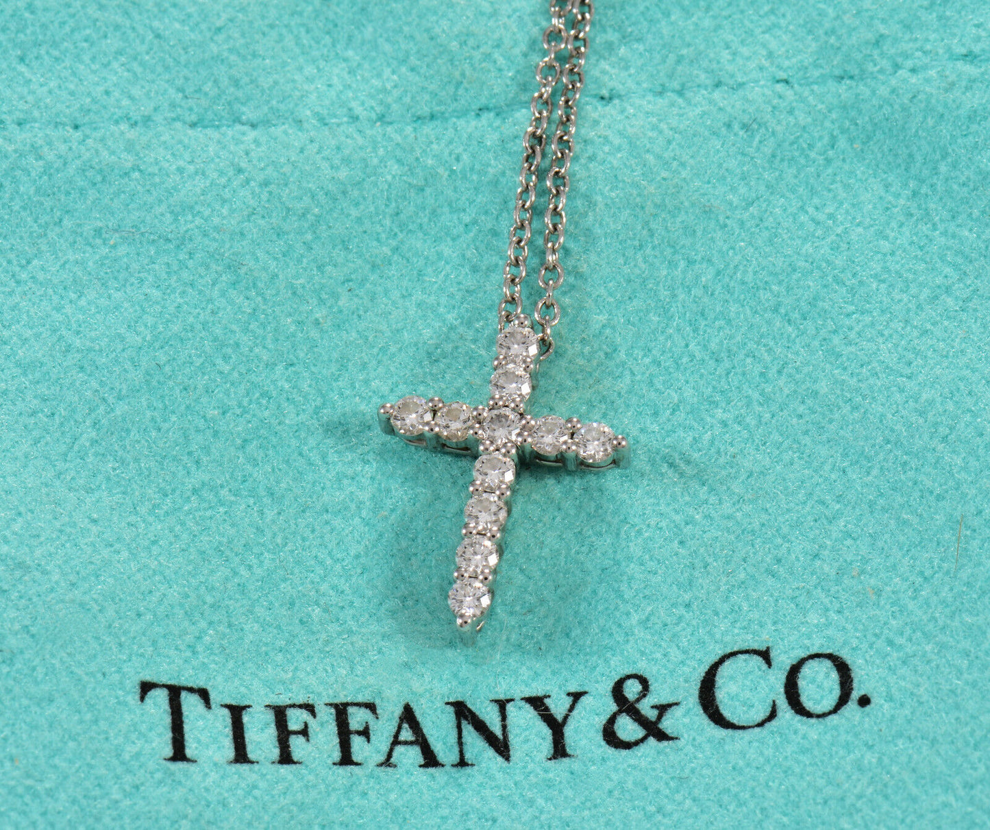 Tiffany & Co .21ct Diamond Platinum Cross Pendant 16.25" Necklace in Box Pouch