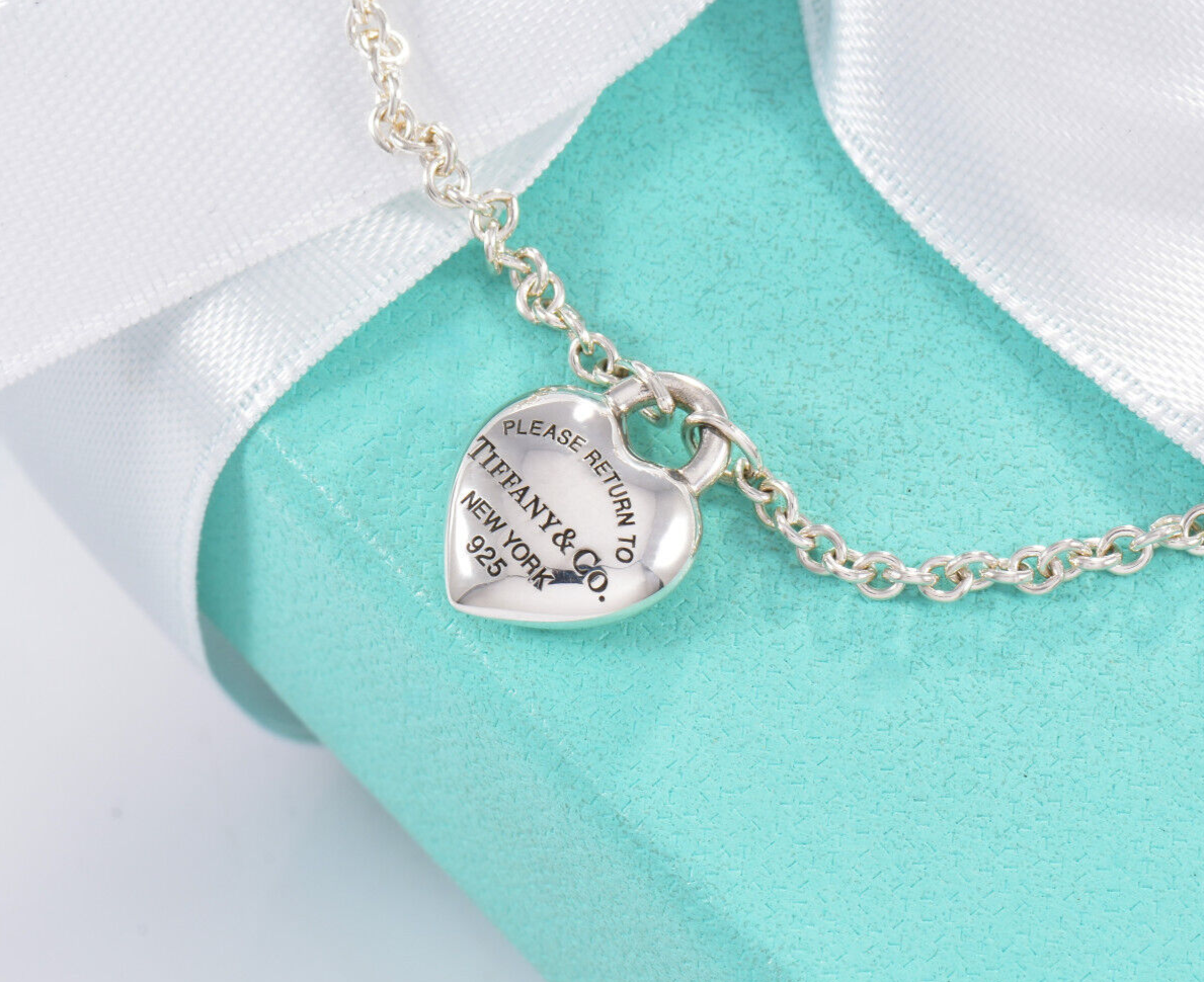 7" Please Return To Tiffany & Co Silver Full Heart Bracelet in Box Pouch Ribbon