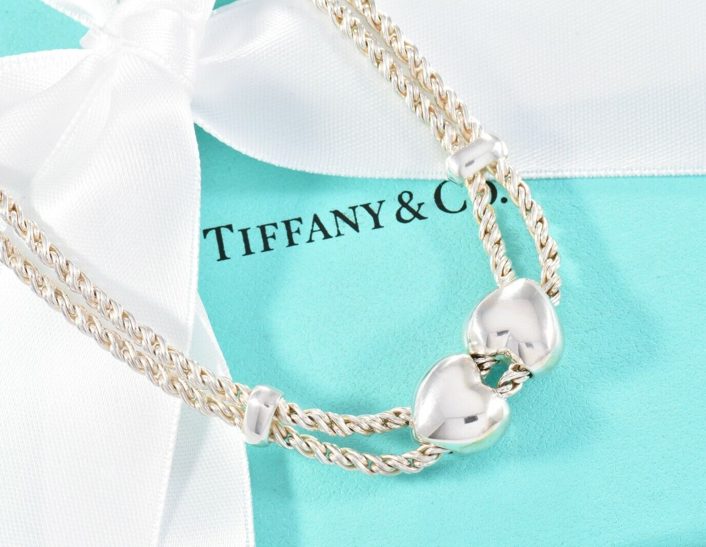 Tiffany & Co Italy Silver Double Heart Rope Chain Necklace 16.5" Chain in Pouch