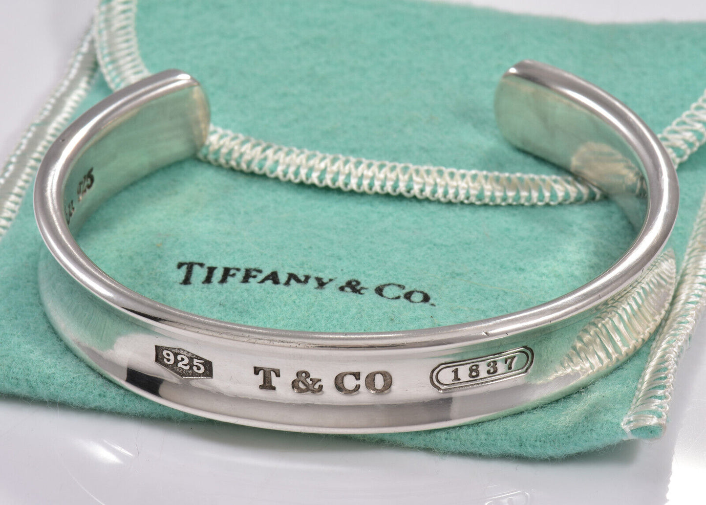 7.25" Tiffany & Co Sterling Silver 12mm Wide 1837 Cuff Bracelet in Pouch Unisex