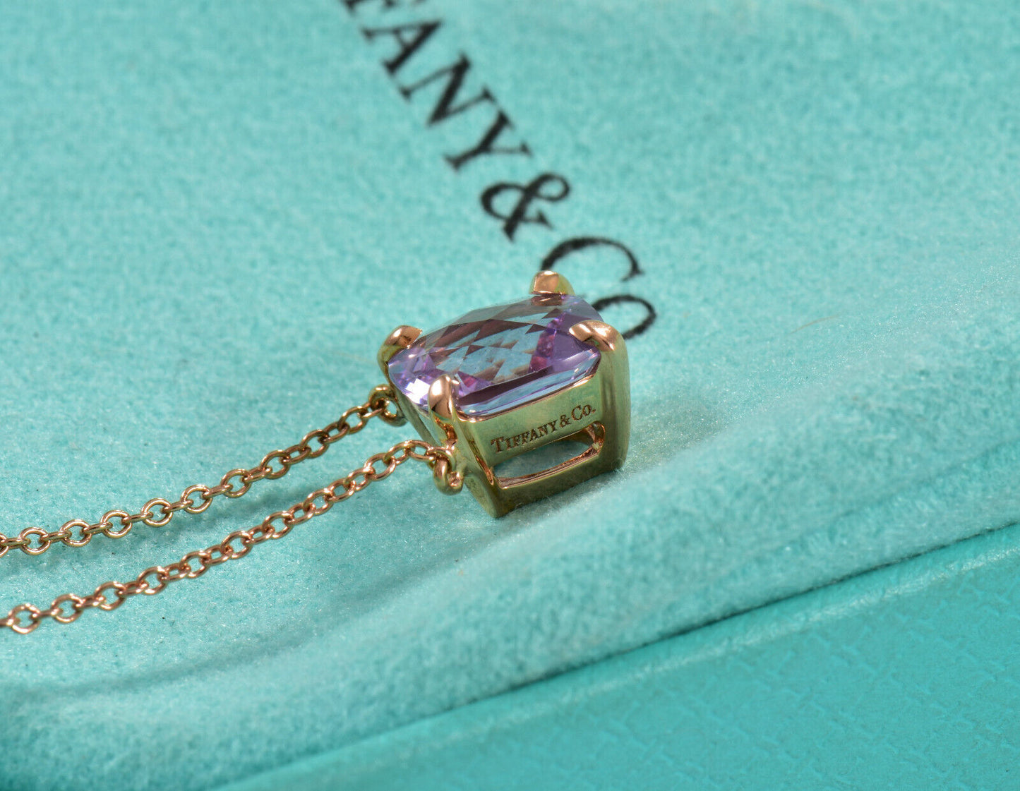 Tiffany & Co 18K Rose Gold Amethyst Square Sparkler Pendant 16" Necklace in Box