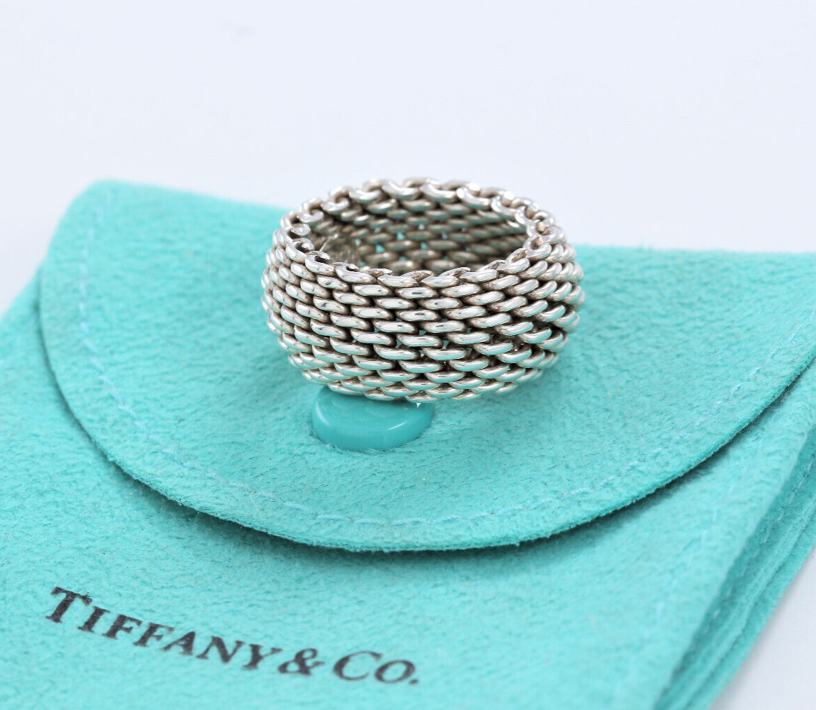 Size 7 Tiffany & Co Sterling Silver Somerset Mesh Dome Ring in Pouch Lovely