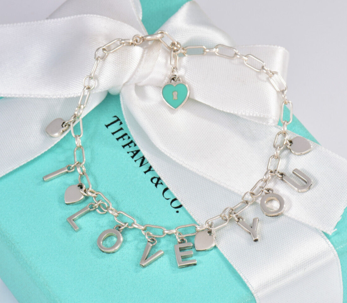 Tiffany & Co Silver Blue Enamel Heart I Love You Notes 7" Charm Bracelet in Box