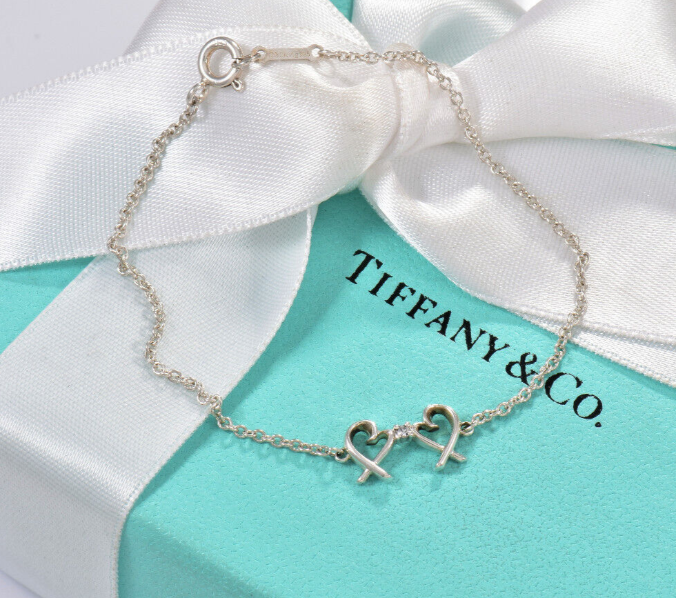 7.5" Tiffany & Co Diamond Silver Paloma Picasso Double Loving Heart Bracelet Box