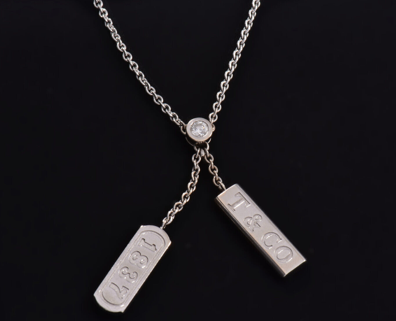 Tiffany & Co Diamond 18K White Gold Logo Doube Bar Two Pendant Necklace in Box