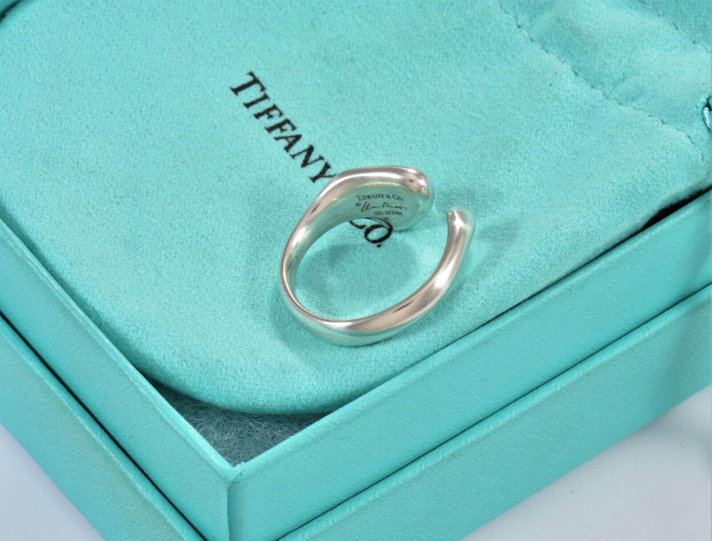 Size 7.5 Tiffany & Co Sterling Silver Elsa Peretti Full Heart Bypass Ring Pouch