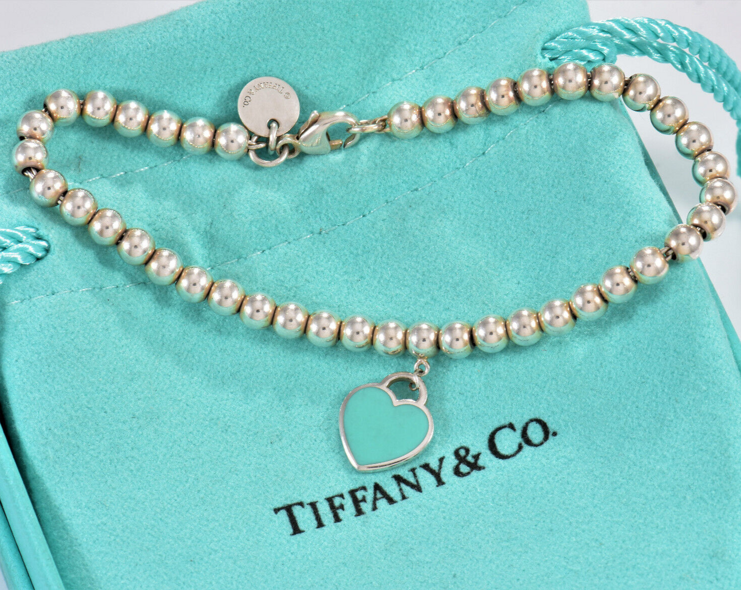 7.75" Please Return To Tiffany & Co Silver Blue Enamel Heart Charm Bead Bracelet