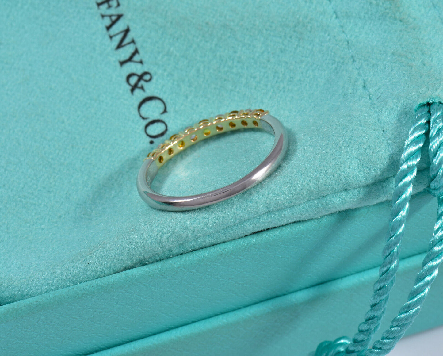 Tiffany & Co Diamond Gold Yellow Sapphire Platinum Band Size 7 Ring in Box Pouch