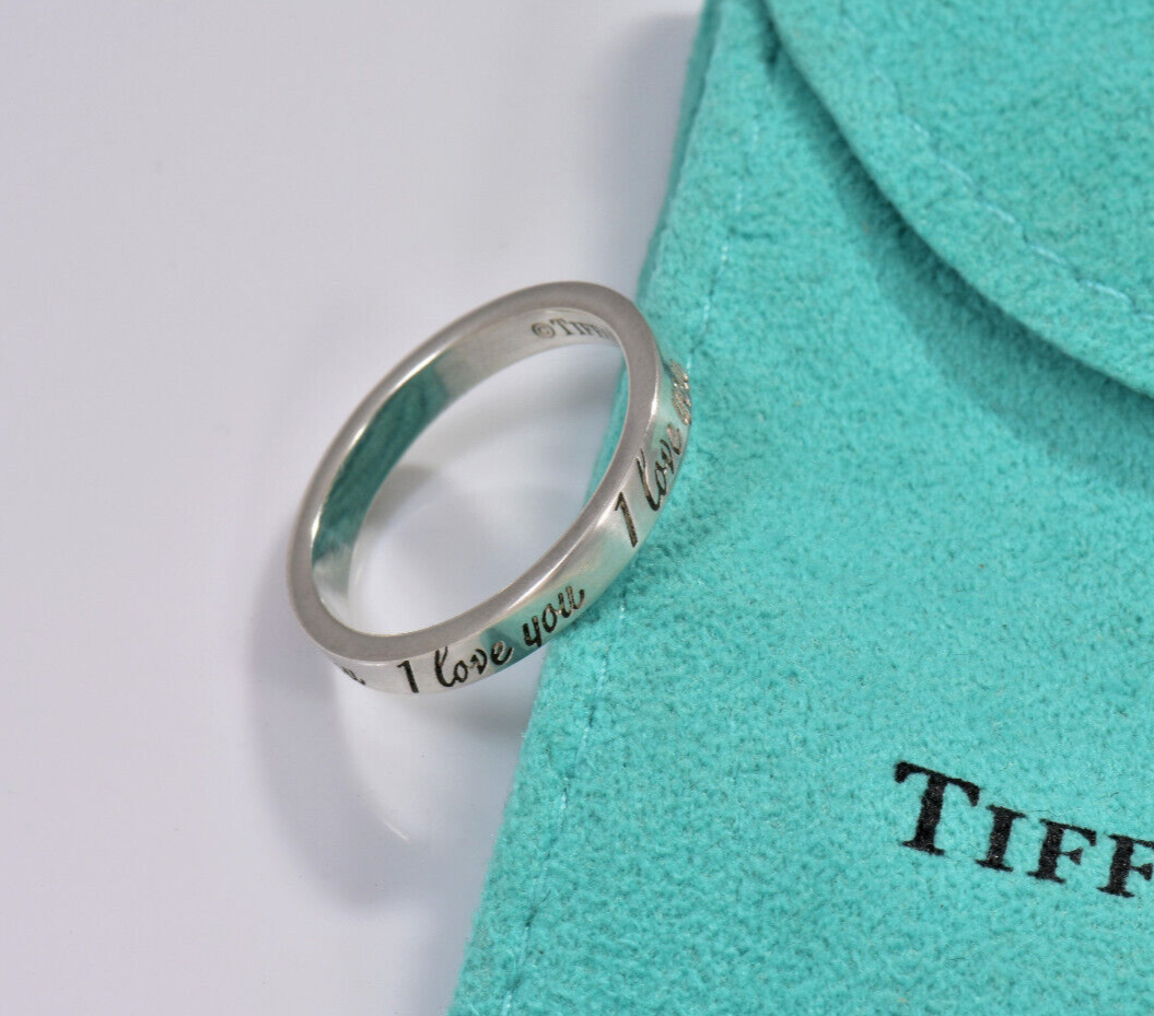 Size 6.5 Tiffany & Co Sterling Silver I Love You Notes Narrow Band Ring in Pouch