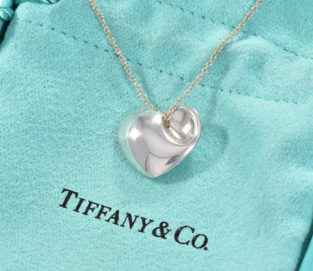 Tiffany & Co Sterling Silver Carved Full Puff Heart Pendant Necklace in Pouch