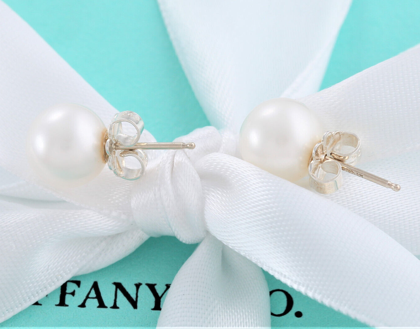 Tiffany & Co Silver Ziegfeld Pearl 9mm Bead Earrings in Box Pouch Ribbon Lovely