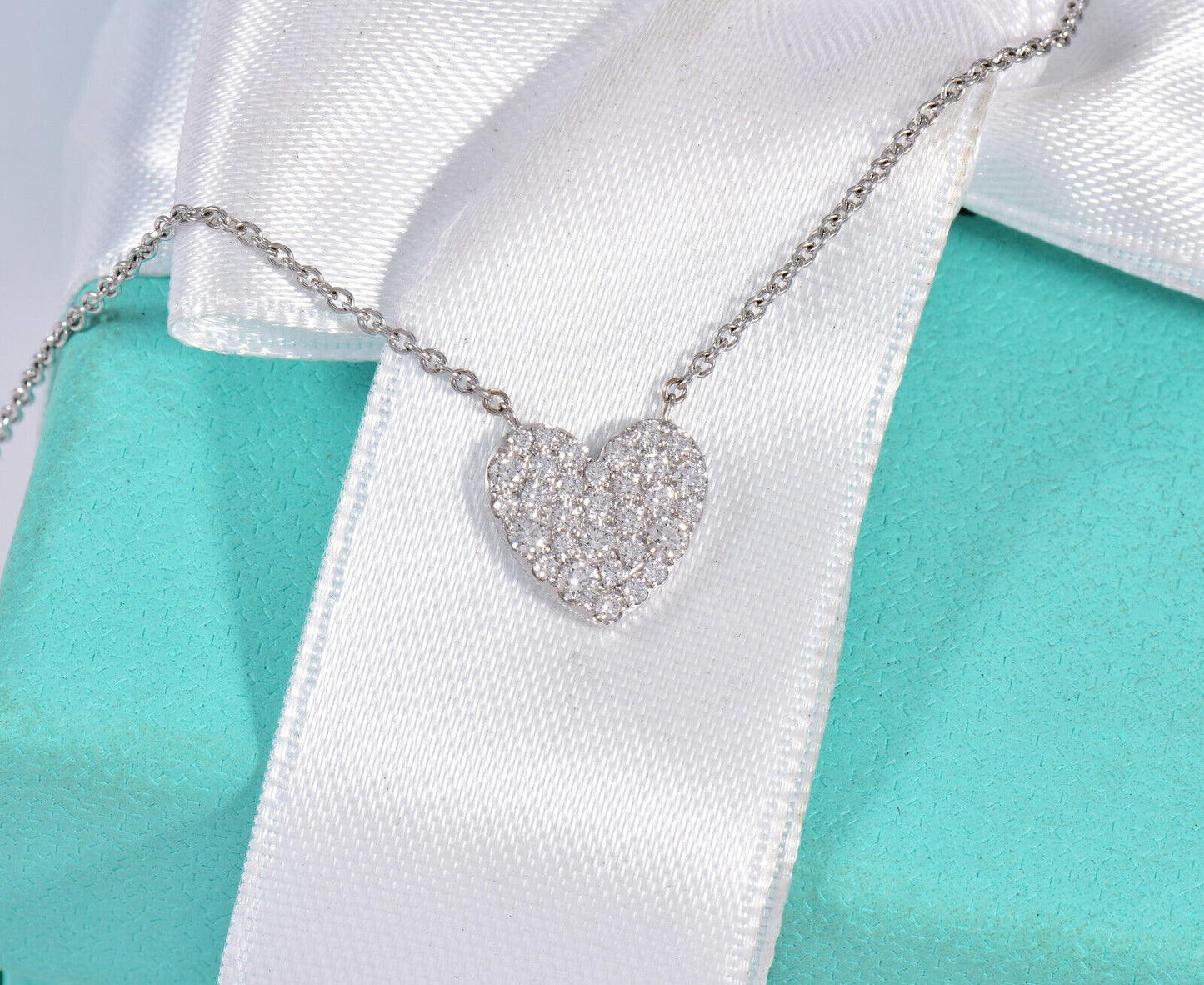 Tiffany & Co Diamond 18K White Gold Large Metro Heart Pendant Necklace Pave Rare