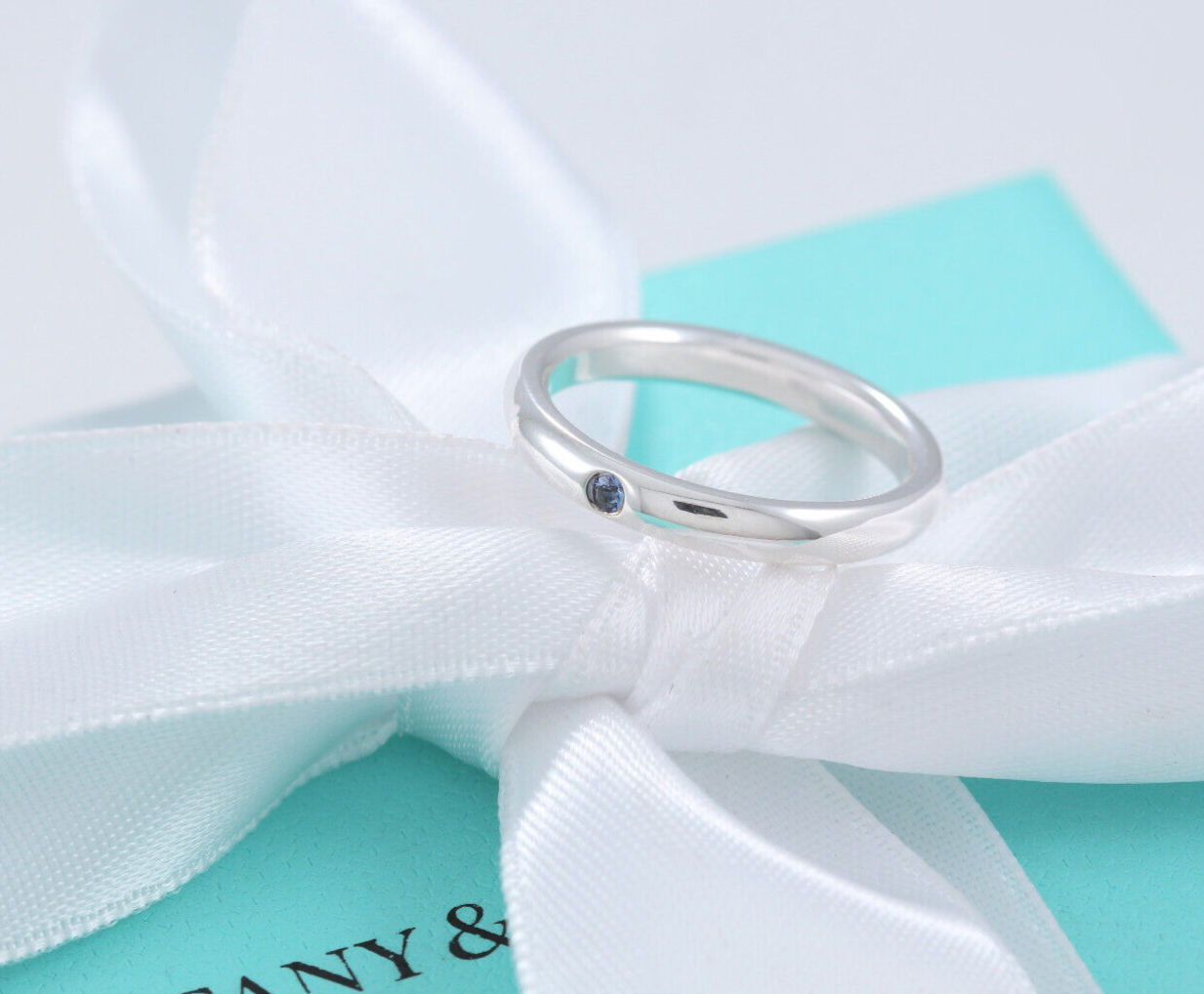 Size 5 Tiffany & Co Silver Elsa Peretti Blue Sapphire Stack Ring in Box Pouch