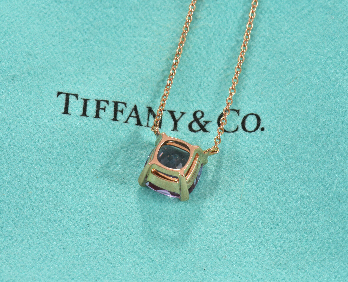 Tiffany & Co 18K Rose Gold Amethyst Square Sparkler Pendant 16" Necklace in Box