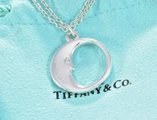 Tiffany & Co Sterling Silver Man In The Moon Double Chain Necklace 16" in Pouch