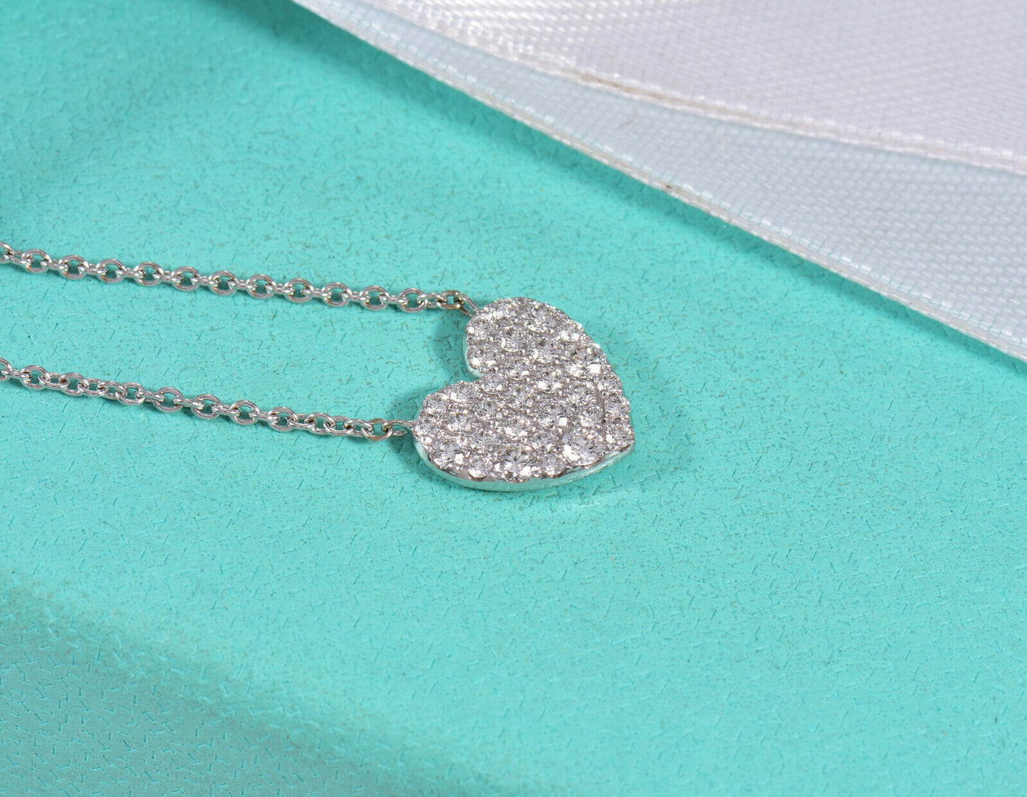 Tiffany & Co Diamond 18K White Gold Large Metro Heart Pendant Necklace Pave Rare