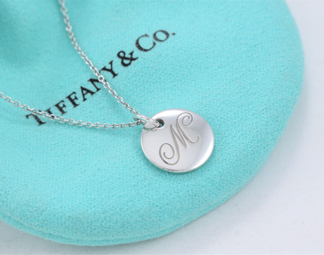 Tiffany & Co Silver Letter M Cursive Circle Pendant 16.25" Necklace in Box Pouch