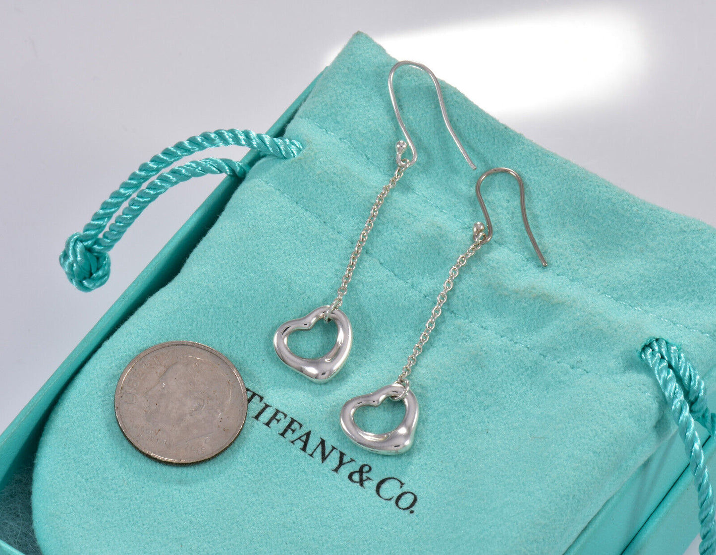 Tiffany & Co Silver Elsa Peretti Open Heart Drop Hook Earrings in Box Pouch Love