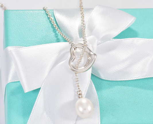 Tiffany & Co Silver Elsa Peretti 9.5mm Pearl Lariat Open Heart Necklace in Box