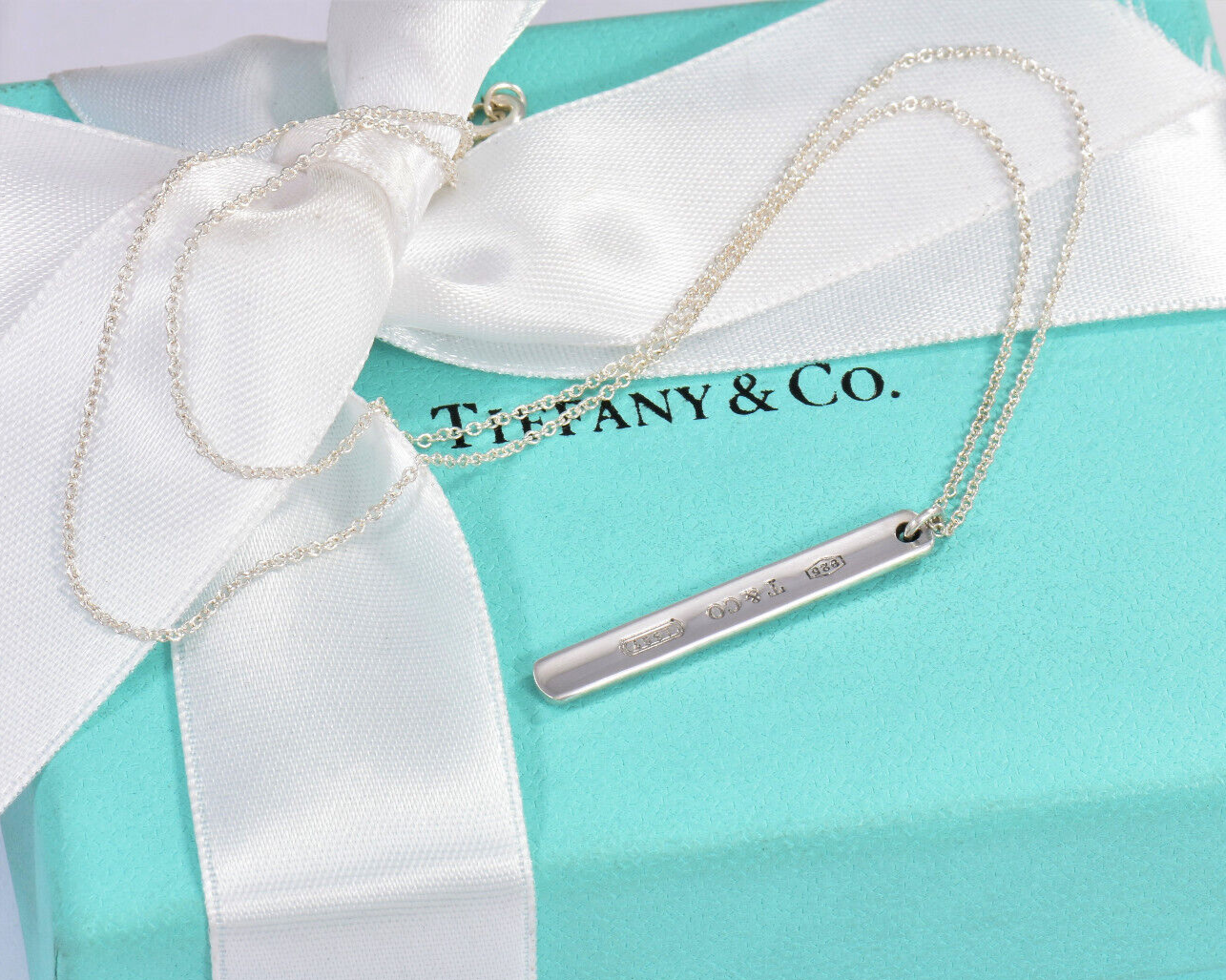 Tiffany & Co Sterling Silver 1837 Thin Bar Pendant Necklace in Box Pouch Ribbon